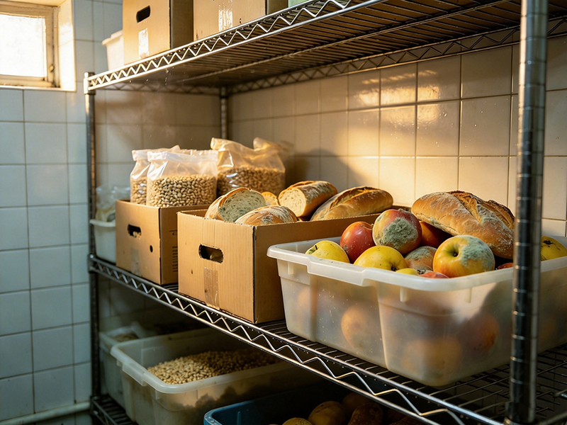 pile of spoiled vegetables and moldy cheese on warehouse shelf