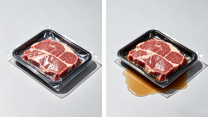Side-by-side comparison of a properly sealed fresh meat tray vs a leaking package with visible purge fluid