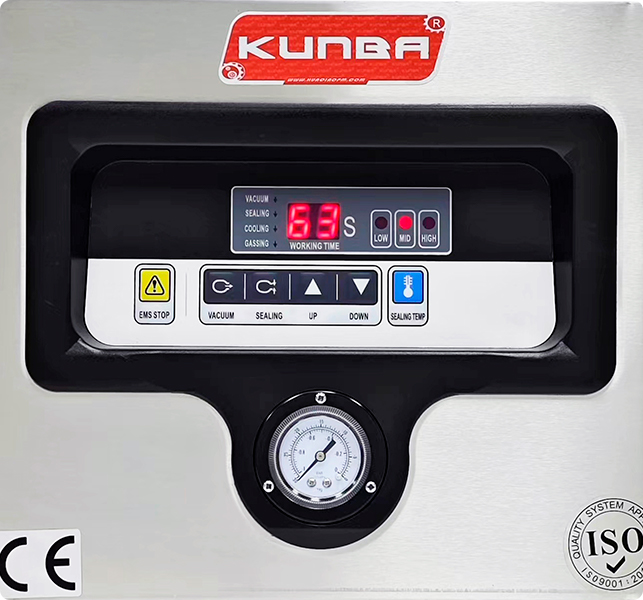 operator adjusting digital control panel with recipe buttons and pressure gauge