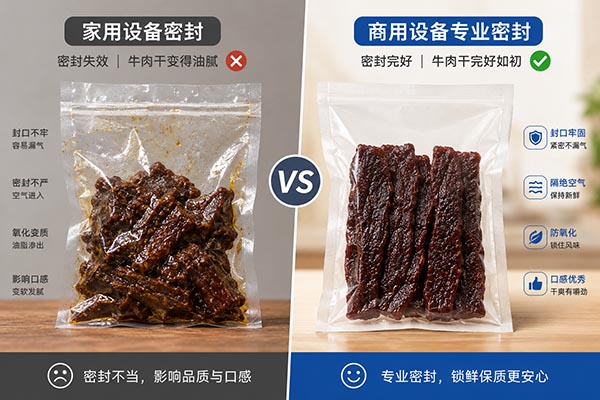 A split-screen photo showing a home-sealed bag of beef jerky that has lost its seal and become oily on the left, and a professionally sealed, pristine bag of jerky from a commercial machine on the right
