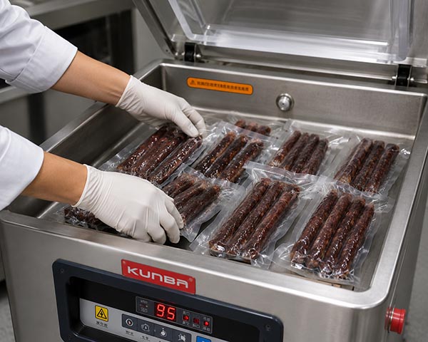A close-up shot of hands placing multiple pre-made bags of meat sticks into a large chamber vacuum machine, ready for a single cycle