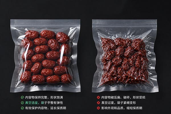 Comparison of a properly sealed pouch vs. a crushed one due to excessive vacuum