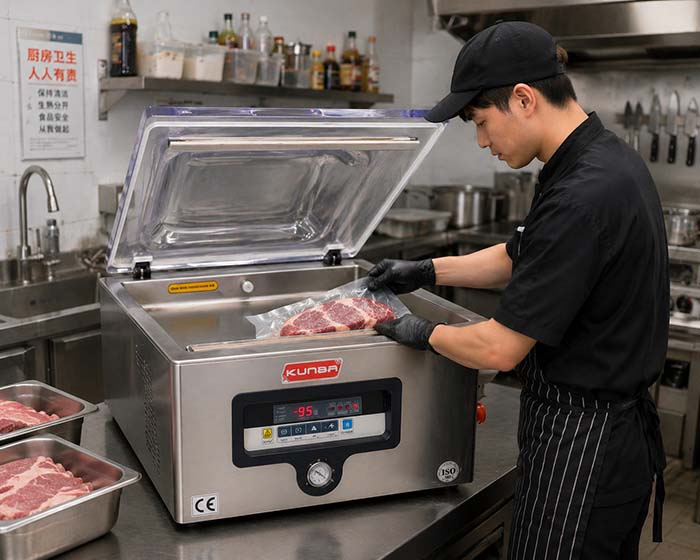 A busy small kitchen staff using a chamber vacuum sealer for packaging meat portions