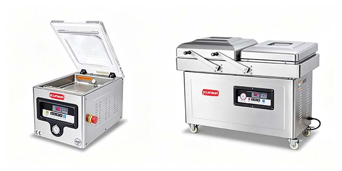 Side-by-side comparison of a single-chamber vs dual-chamber vacuum sealer on a production floor