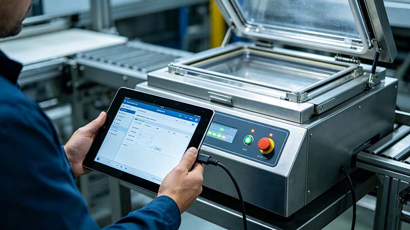 Technician performing a remote diagnostic session via tablet while connected to a vacuum chamber sealer