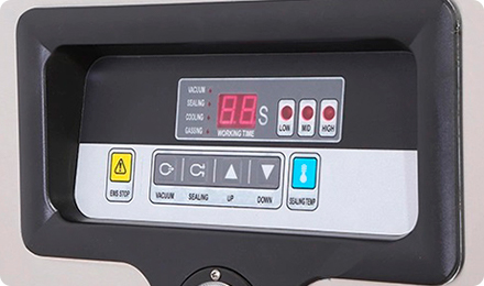 Control panel of a programmable vacuum packing machine showing digital presets