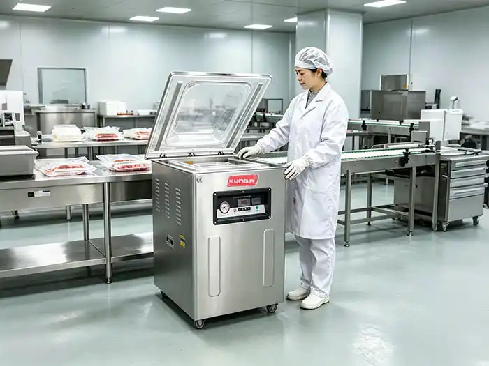 Floor type vacuum packing machine in an industrial production facility with operator