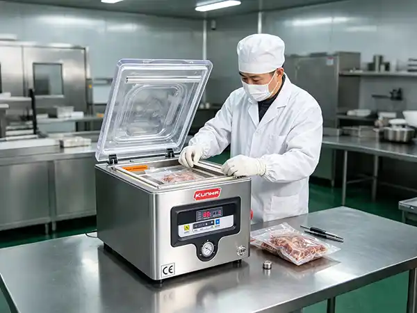 Operator inspecting the seal bar on a vacuum packaging machine after a failed seal