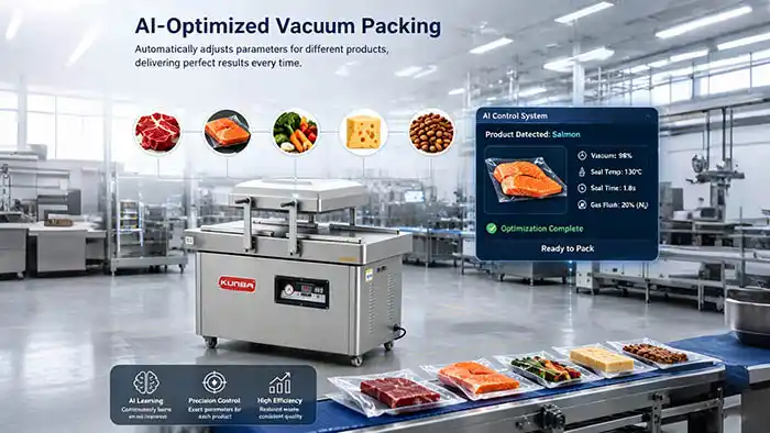 AI-optimized vacuum packing machine in multi-product food processing facility with automatic parameter adjustment